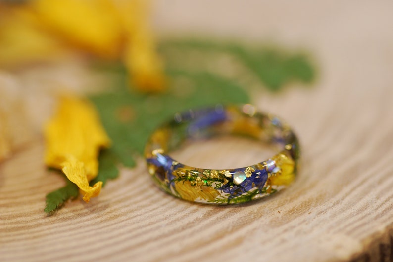 Bague florale en résine avec tournesols, bague fleur pressée bleue, bagues fleurs sauvages, bijoux botaniques, bijoux vraies fleurs, cadeau fête des mères image 8