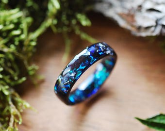 Black Galaxy Resin Band, Blue Engagement Ring with Silver Flakes for Him, Celestial Jewelry