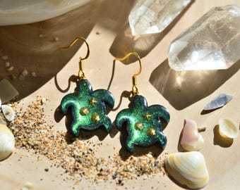 Sea Turtle Resin Earrings · Iridescent Green Earrings with 14K Gold Hook · Summer Ocean Jewelry