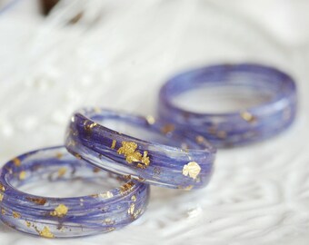 Blue Grey Real Feather Resin Ring with 24k Gold Flakes, Nature Inspired Boho Jewelry