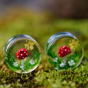 Könnte beinhalten: Zwei transparente Glas-Ohrstecker mit Miniatur-Pilz-Designs. Jeder Stecker zeigt einen roten Pilz mit weißen Punkten, umgeben von grünem Gras, weißen Blumen und gelben Blumen. Die Stecker sind vor einem moosgrünen Hintergrund platziert.
