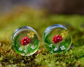 Amanita Mushroom Ear Plugs, Hand Painted Shrooms with Moss, Forest Goblincore Jewelry