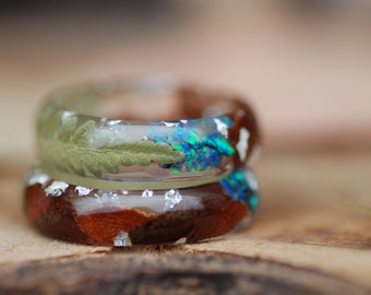 Aurora Blue Opal ring, Rainbow Fire Opal Ring, Fern Resin Ring, Forest Ring for Men, October Opal Birthstone Jewelry, For Her