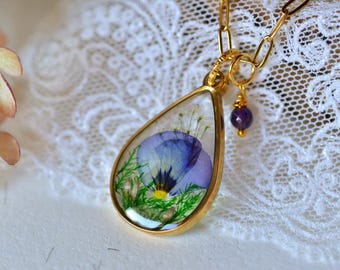 Violet Flower Resin Necklace · Real Purple Floral Jewelry · February Birth Flower & Amethyst Birthstone