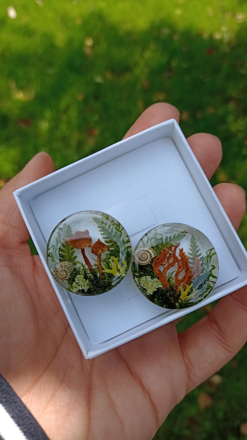May include: A pair of round resin earrings with a nature theme. The earrings feature pressed flowers, leaves, and mushrooms in shades of green, brown, and orange.