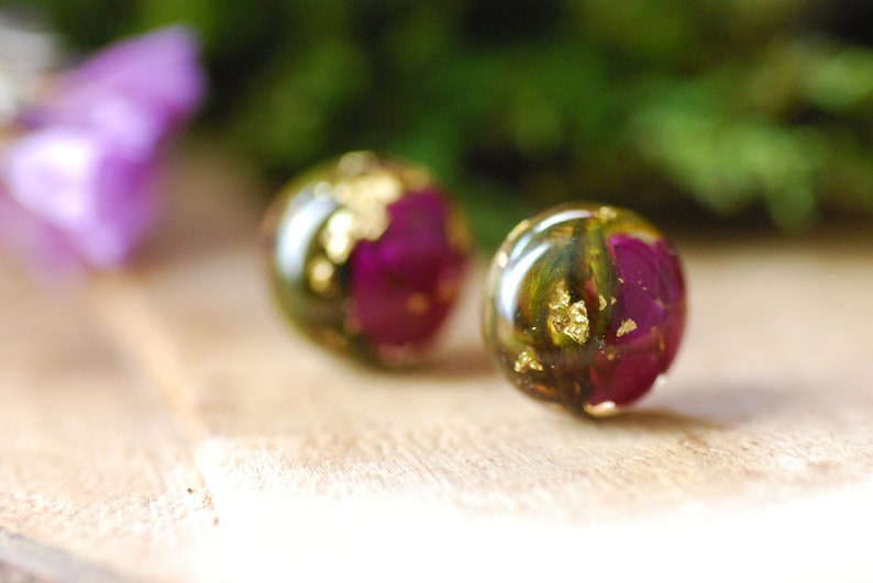 Sugilite Purple Stud Earrings, Gold Sugilite Resin Earrings, Nature Cabochon Stud Earrings, Purple Gift For Women image 2