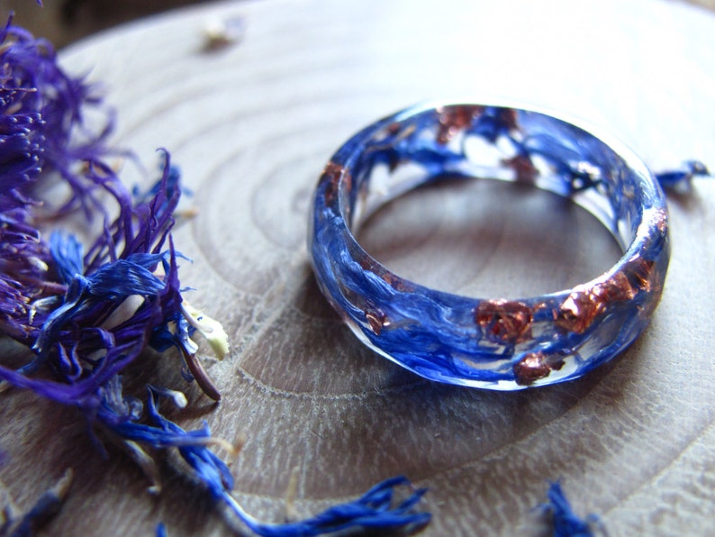 Blue Flower Ring with Copper Flakes, Nature Inspired Ring for Women, Flower Lover Gifts, Unique Rings for Men image 1