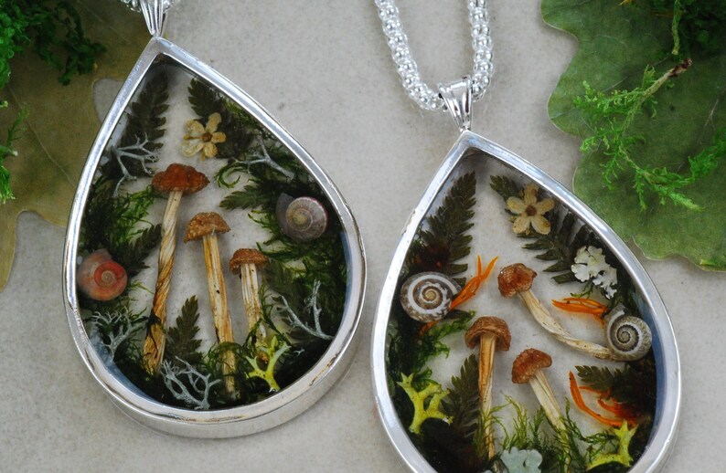 Collier champignon magique, pendentif en argent pur, cadeau pour amateur de champignons, collier en résine naturelle, bijoux forestiers image 7