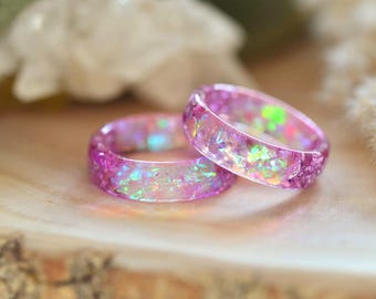 Aurora Blossom Resin Ring · Iridescent Pink Jewelry with Silver Flakes · Handmade Opal Glow Band