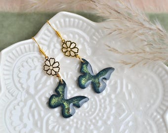 Fairytale Forest Butterfly Earrings – Iridescent Green Resin and Gold Flower Dangle Jewelry