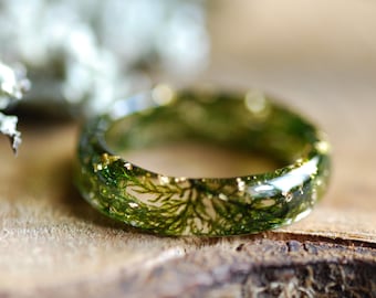 Real Moss Ring, Nature Ring, Gold Moss Ring, Green Resin Ring, Fairy Botanical Ring, Forest Jewelry, Organic Gifts for Women, For Men