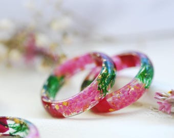 Pink Opal Resin Ring, Rose Pressed Flower with Moss, October Birthstone Jewelry