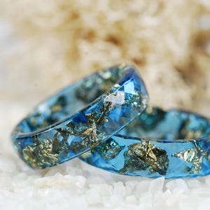 Dark Blue Resin Ring, Faceted Band for Men or for Women, Handmade Ring with Gold Flakes, Chic Fashion Jewelry