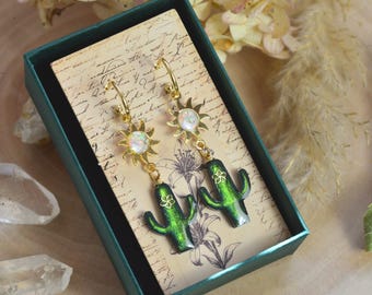 Green Cactus Resin Earrings, 14K Gold Sun Charms, Iridescent Opal Jewelry