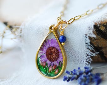 Purple Aster Flower Necklace, September Birth Flower Pendant, Lapis Birthstone Jewelry