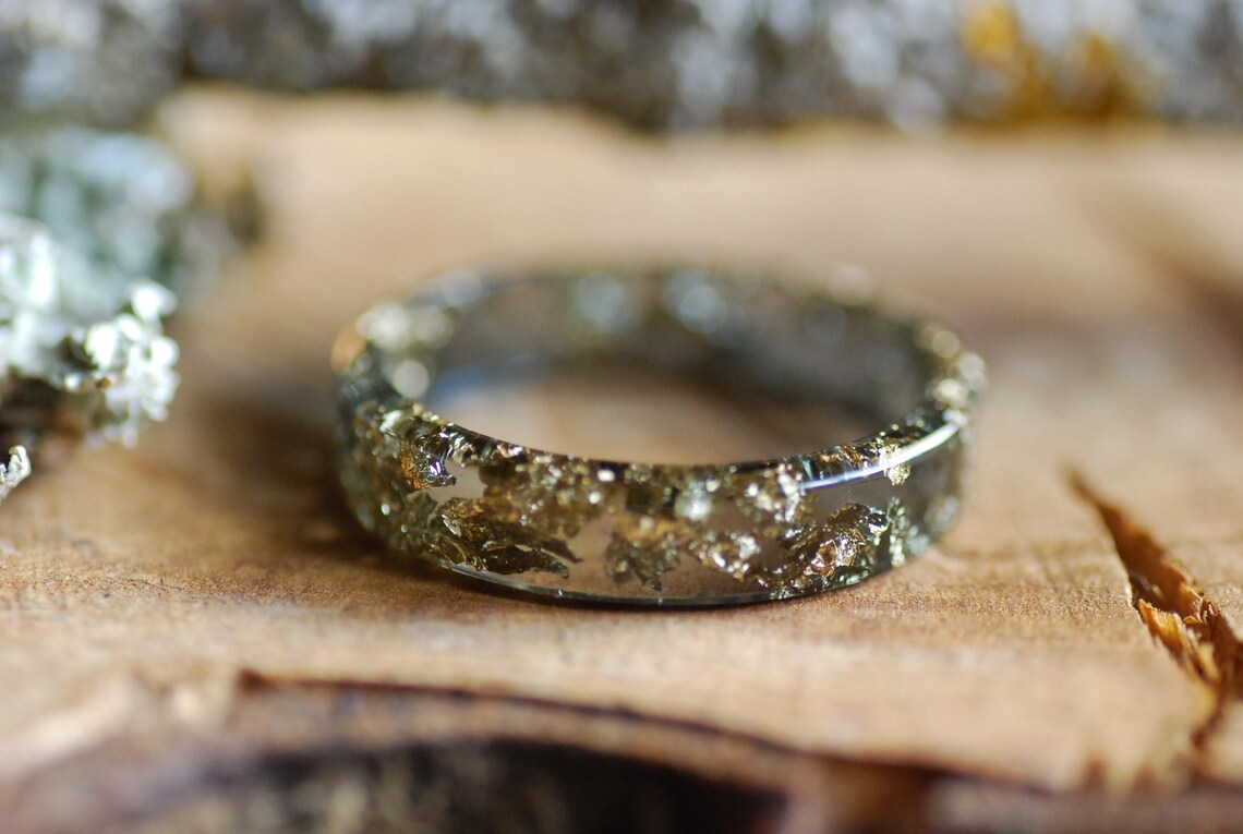 Black Resin Ring Mens Ring Gold Flakes Ring Stacking Ring Etsy