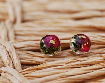 Red Rose Flower Earrings, Nature Moss Earrings, Floral Stud Earrings, Nature Lover Gift, Botanical Resin Earrings, Handmade Gifts