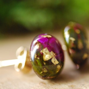 Sugilite Purple Stud Earrings, Gold Sugilite Resin Earrings, Nature Cabochon Stud Earrings, Purple Gift For Women image 5