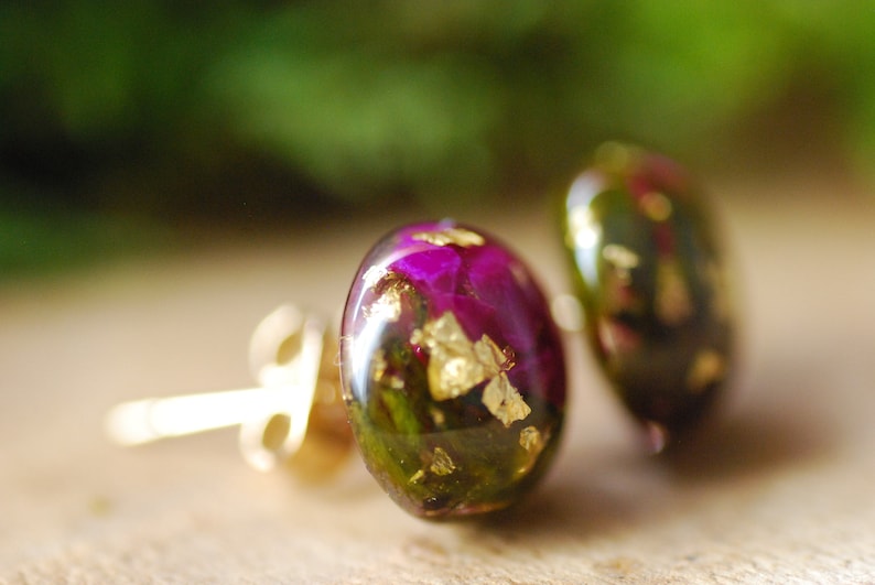 Sugilite Purple Stud Earrings, Gold Sugilite Resin Earrings, Nature Cabochon Stud Earrings, Purple Gift For Women image 5