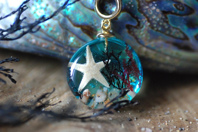 Ocean Starfish Necklace, Blue Sea Necklace, Mermaid Pendant, Resin Necklace, Underwater Necklace, Seaweed Nature Pendant image 4