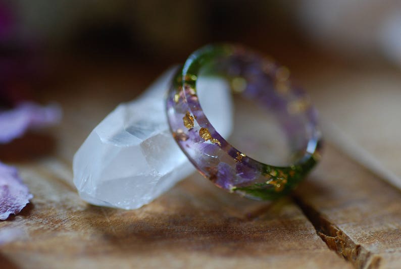 Natural Amethyst Ring with Green Moss, Purple Gemstone Resin Ring, Aquarius Zodiac Ring, Magic Amethyst February Gift Birthstone Ring image 2