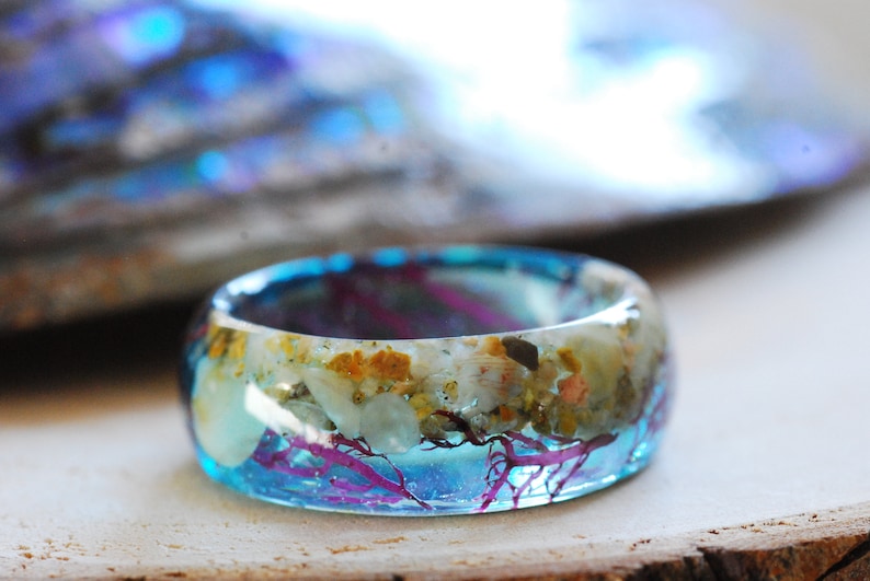 Ocean Resin ring, Mermaid Blue Ring, Nautical Ring, Blue Summer Resin Ring, Sea Ring, Real Seaweed Ring, Mermaid Jewelry, Sea Gift image 6