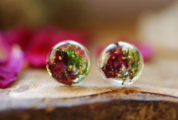 Real Dried Flowers and Resin Earrings in Pink Purple Red Green