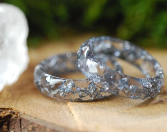 Grey Resin Ring with silver flakes, Elegant Stacking Ring, Transparent Resin Jewelry, Gift for Women, Classic Ring for Men