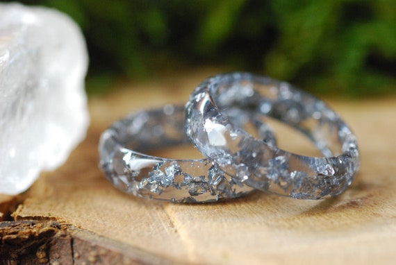 Grey Resin Ring With Silver Flakes Geometric Stacking Ring