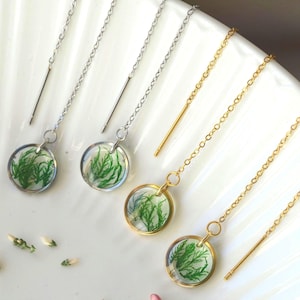 Moos Ohrringe in Gold oder Silber, Natur Ketten Ohrringe, Sterling Silber Lange Threader, Gold Boho Schmuck, Geschenk für Frauen