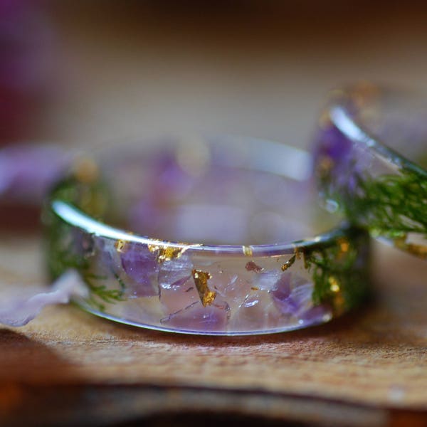 Natural Amethyst Ring with Green Moss, Purple Gemstone Resin Ring, Aquarius Zodiac Ring, Magic Amethyst February Gift  Birthstone Ring 