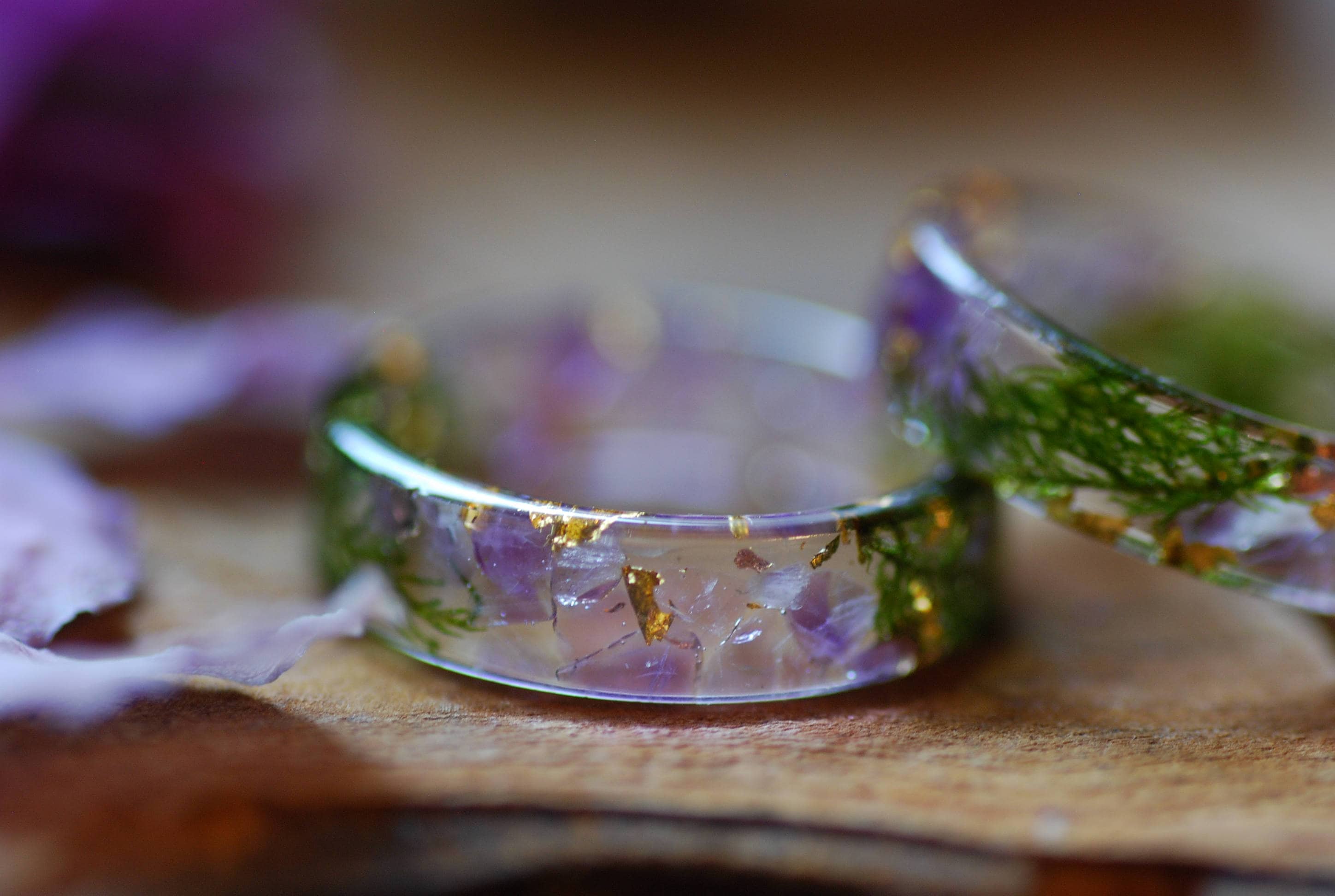 Natural Amethyst Ring with Green Moss, Purple Gemstone Resin Ring, Aquarius Zodiac Ring, Magic Amethyst February Gift  Birthstone Ring