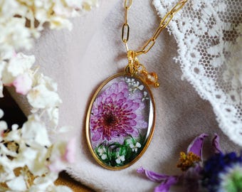 November Birth Flower Necklace, Purple Chrysanthemum Pendant, Citrine Birthstone Jewelry