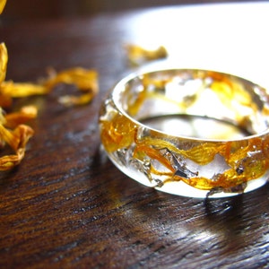 Yellow Marigold Flower Ring with Silver Flakes, Nature Floral Rings, Spring Summer Rings for Women, Handmade Artisan Rings