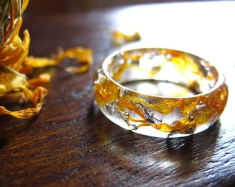 Yellow Marigold Flower Ring with Silver Flakes, Nature Floral Rings, Spring Summer Rings for Women, Handmade Artisan Rings