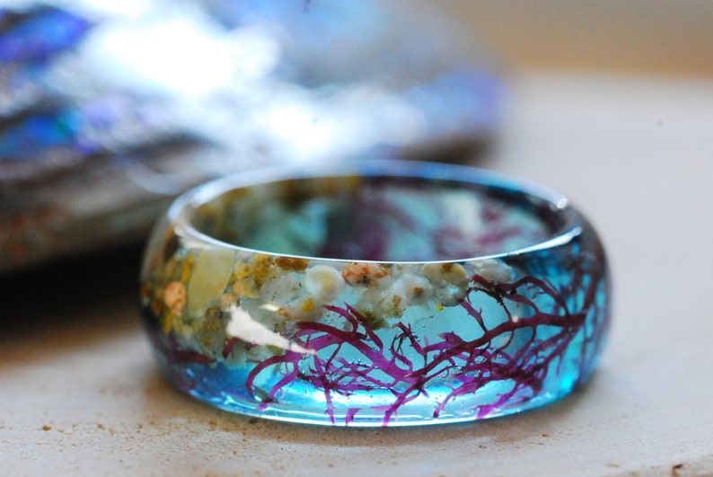 Ocean Resin ring, Mermaid Blue Ring, Nautical Ring, Blue Summer Resin Ring, Sea Ring, Real Seaweed Ring, Mermaid Jewelry, Sea Gift image 7
