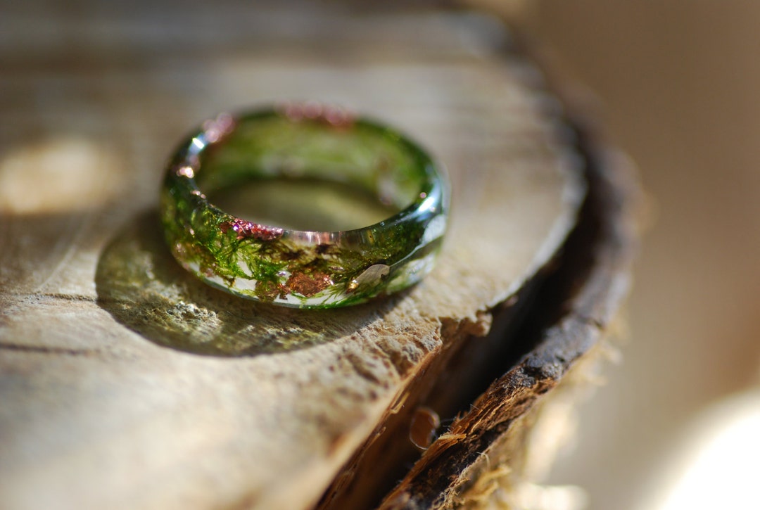 Moss Ring With Copper Flakes Terrarium Green Ring Nature Resin
