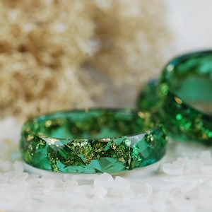 Dark Green Resin Ring: Gold Flake Faceted Band, Handmade Jewelry