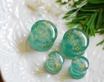 Green Aventurine Dandelion Ear Plugs, Good Luck Resin Ear Gauges, Double Flare Gemstone Plugs