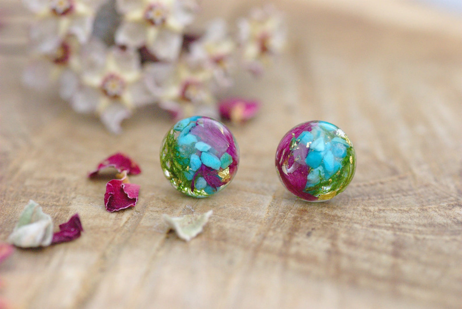 Turquoise Earrings Resin Stud Earrings Moss Terrarium Etsy