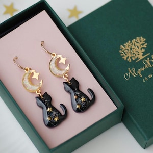 Black Cat Dangle Earrings, Opal Moon Earrings, Little Kitty Hoop Earrings, Gold Animal Earrings, Pet Owner Gift, Celestial Jewelry for Women
