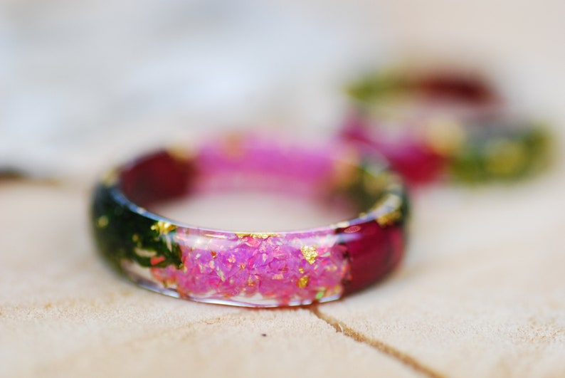 Iridescent White Opal Fire Ring with Rose Flowers, Moss Nature Resin Ring, Gemstone Opal Ring, Boho October Birthstone Ring, Opal Jewelry image 3