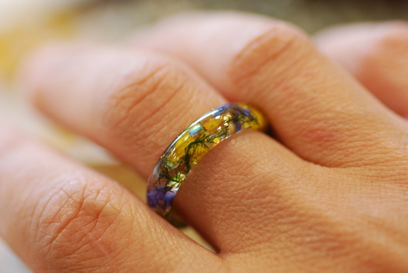 Bague florale en résine avec tournesols, bague fleur pressée bleue, bagues fleurs sauvages, bijoux botaniques, bijoux vraies fleurs, cadeau fête des mères image 5