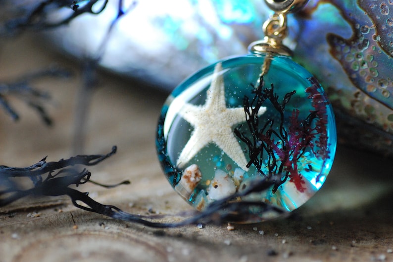 Ocean Starfish Necklace, Blue Sea Necklace, Mermaid Pendant, Resin Necklace, Underwater Necklace, Seaweed Nature Pendant image 7