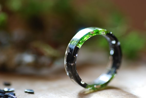 Resin Rings, with Dried Grass, Gold Foil, Green, 16mm Resin Green