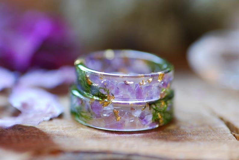 Natural Amethyst Ring with Green Moss, Purple Gemstone Resin Ring, Aquarius Zodiac Ring, Magic Amethyst February Gift Birthstone Ring image 6