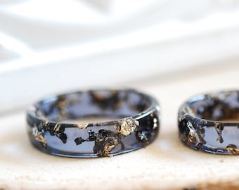 Black Resin Ring with Gold Flakes, Handmade Resin Jewelry, Transparent Black Band, Wedding Black Ring, Gift for Him, For Her
