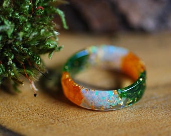 Fire Opal Resin Ring with Orange Marigold, October Birthstone and Birth Flower Band, Handmade Jewelry