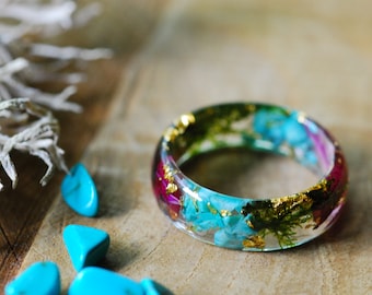 Gemstone Turquoise Ring with Pink Flowers, December Birthstone Resin Jewelry