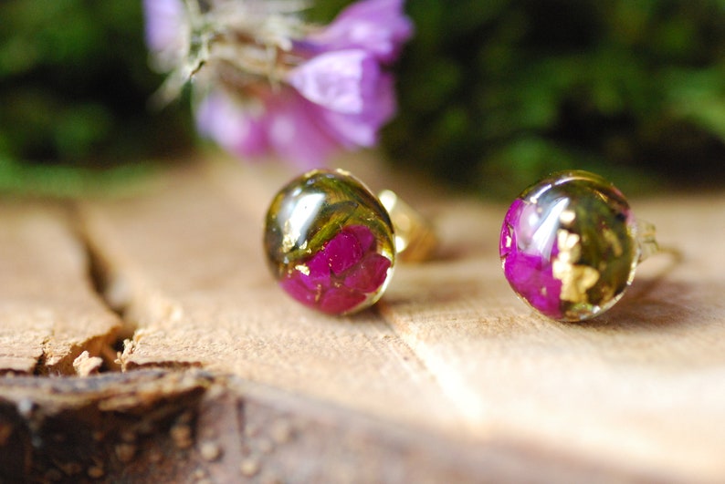 Sugilite Purple Stud Earrings, Gold Sugilite Resin Earrings, Nature Cabochon Stud Earrings, Purple Gift For Women image 1